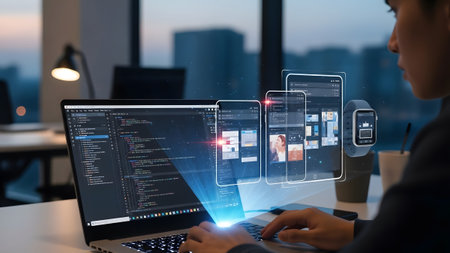 Programmer works on laptop with holographic displays of apps, devices, and code. Clear details an...