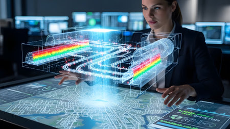 Woman analyzes a complex holographic network diagram with colored flow lines on a table.