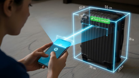 Person uses smartphone AR to measure luggage dimensions for travel compliance. Clear details and ...