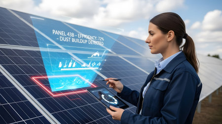 Technician uses a tablet and hologram to analyze solar panel efficiency and detect dust buildup.