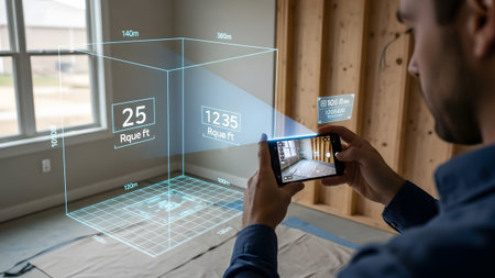 Person holding smartphone with AR overlay measuring room dimensions in an unfinished interior space.