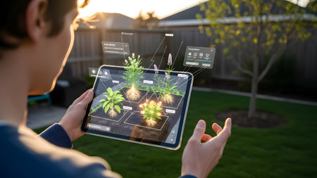 Person holds tablet displaying AR garden plan with plants and root systems in sunlight. Clear det...