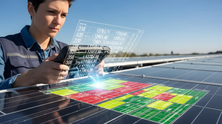 Technician examines solar panels with a holographic display showing performance data and analysis.