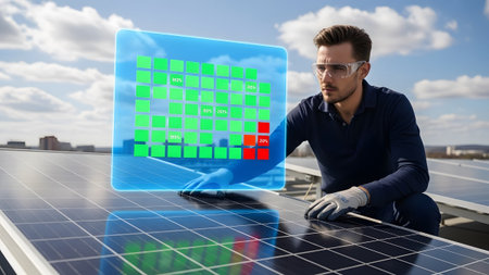 Man in safety glasses uses tablet to view AR dashboard of solar panel data Clear details and vibr...