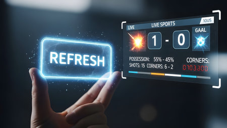 A glowing refresh button is touched, interacting with a holographic live sports scoreboard...