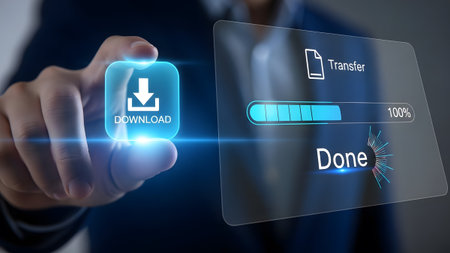 A finger presses a glowing download button next to a progress bar showing a completed file transfer.