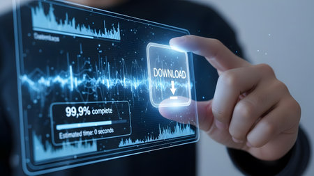 Finger pressing a glowing download button on a futuristic screen showing download progress.