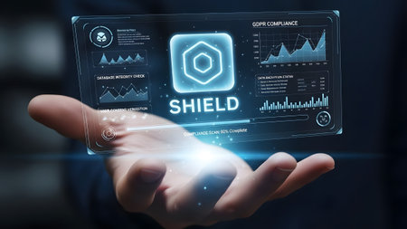 A hand holds a holographic display with a shield icon and GDPR compliance scan details. Clear det...