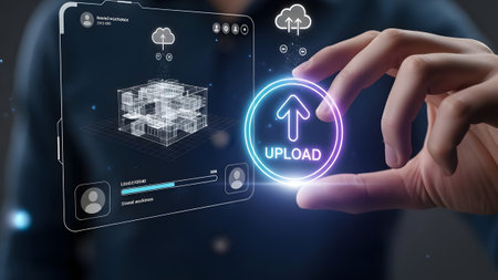 Hand holds glowing upload icon next to digital blueprint and loading bar interface. Clear details...