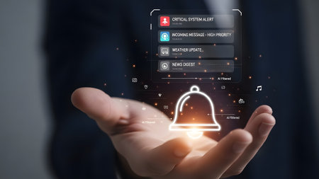 Hand holds a glowing bell icon with holographic notification alerts displayed on a screen.