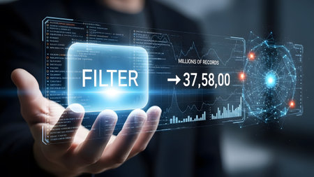 Hand holds a digital interface showing data filtering and millions of records. Clear details and ...