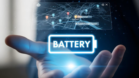 Hand displays holographic battery icon and electric vehicle charging map with locations.の写真素材