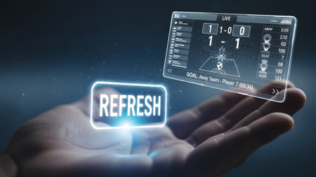 A hand displays a futuristic interface with a glowing refresh button and a live soccer game score.