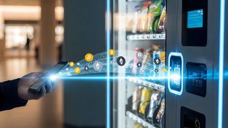 Hand uses smartphone to pay at vending machine with cryptocurrency icons flowing between devices.