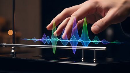 Fingers interact with a colorful holographic sound wave display. Clear details and vibrant colors...の写真素材