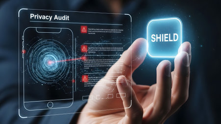 Hand holding a futuristic transparent screen showing a privacy audit with a shield icon.