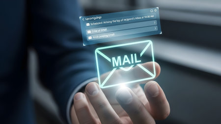 Hand holding a glowing mail icon with upcoming email notifications displayed. Clear details and v...