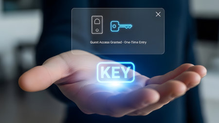Hand holds glowing key icon with digital notification of guest access granted. Clear details and ...