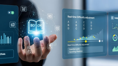Hand holding a digital learning interface displaying a book icon and data analytics. Clear detail...