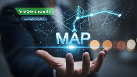Hand holds holographic map highlighting fastest route and time saving information Clear details a...