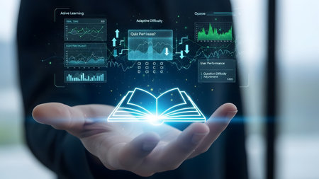 Hand holding a glowing digital open book with futuristic data charts and graphs. Clear details an...