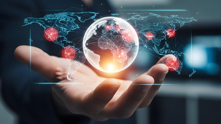Hands holding a futuristic holographic display of the Earth with global connection points