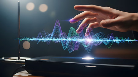 Hand near theremin with colorful sound waves emanating from instrument Clear details and vibrant ...の写真素材