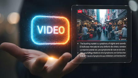 Hand holds a tablet showing a live video stream of a bustling market with multilingual subtitles.