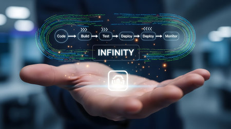 A hand holds a digital infinity loop with a software development workflow diagram. Clear details ...
