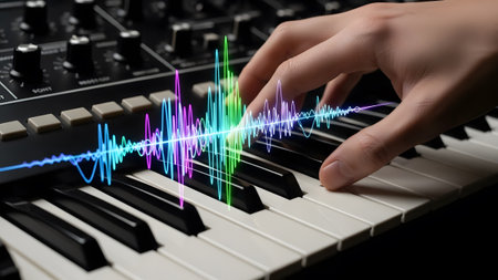 Hand on synthesizer keys with colorful sound wave visualization Clear details and vibrant colors ...の写真素材
