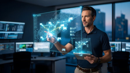 Man holds a tablet and interacts with a holographic map displaying truck routes and data.