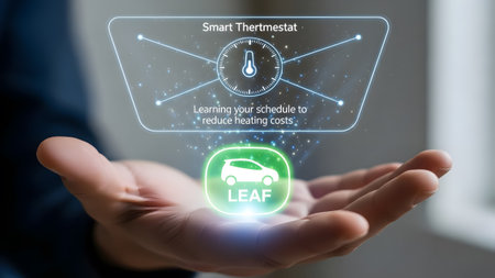 Hand holding a holographic smart thermostat and an electric car leaf icon displayed digitally