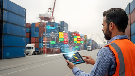 A man in an orange safety vest reviews a holographic logistics dashboard at a shipping yard.