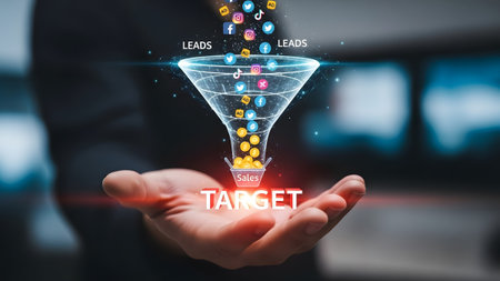 A hand holds a funnel with social media icons leading to coins labeled SALES and TARGET.の写真素材