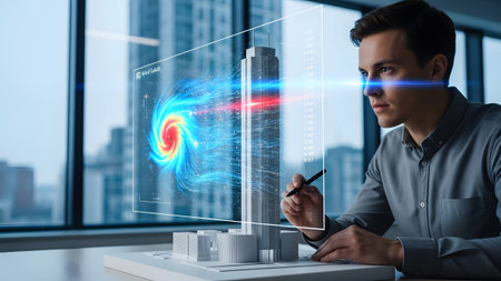 Man analyzes holographic hurricane simulation data projected onto a skyscraper model. Clear detai...の写真素材