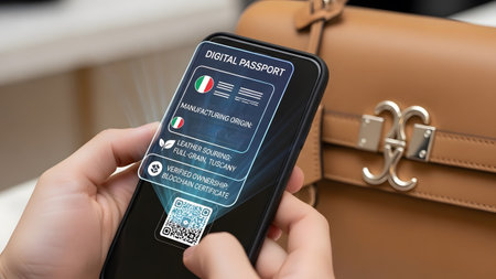 Smartphone shows digital passport with blockchain certificate for a leather handbag Clear details...