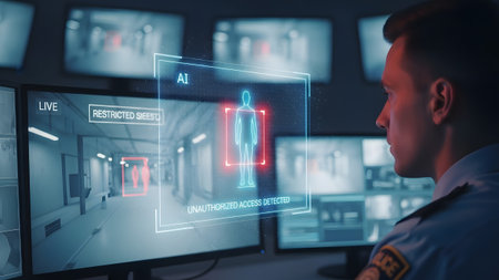 Security guard watches AI system detecting unauthorized access on multiple surveillance screens.の写真素材