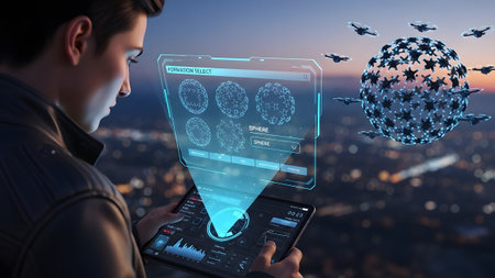 Man uses tablet and hologram to control drone swarm forming a sphere over city lights Clear detai...