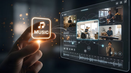 Hand touching a music icon on a screen showing video collaboration and audio editing. Clear detai...