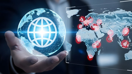 Hand holds a glowing globe next to a world map with highlighted global connection points.