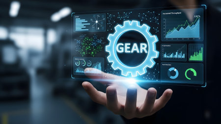 Hand holding a holographic interface displaying a gear symbol and industrial data analytics charts.
