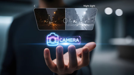 Hand displays a camera interface with a split screen showing day and night city views. Clear deta...の写真素材