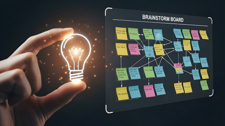 A glowing lightbulb held by a hand near a digital brainstorm board with sticky notes. Clear detai...