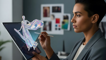 Fashion designer interacts with holographic dress projection on a tablet device Clear details and...の写真素材