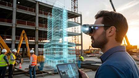 Construction worker uses VR headset and tablet to view 3D building model at site Clear details an...の写真素材