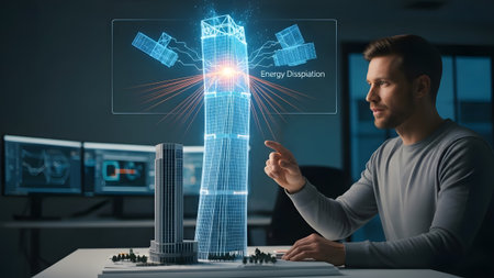 Engineer analyzes holographic skyscraper simulation showing energy dissipation data. Clear detail...の写真素材