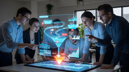 Business team examines a holographic sales funnel and customer data flow with charts. Clear detai...