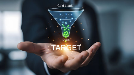 Businessman presents sales funnel graphic showing cold leads converting into deals. Clear details...の写真素材