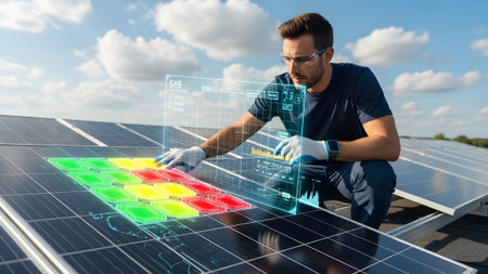 Engineer checks solar panel performance with an augmented reality display showing colored...