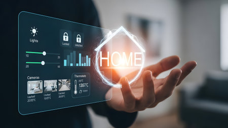 Hand displaying a smart home control panel with sliders, camera feeds, and thermostat readings.